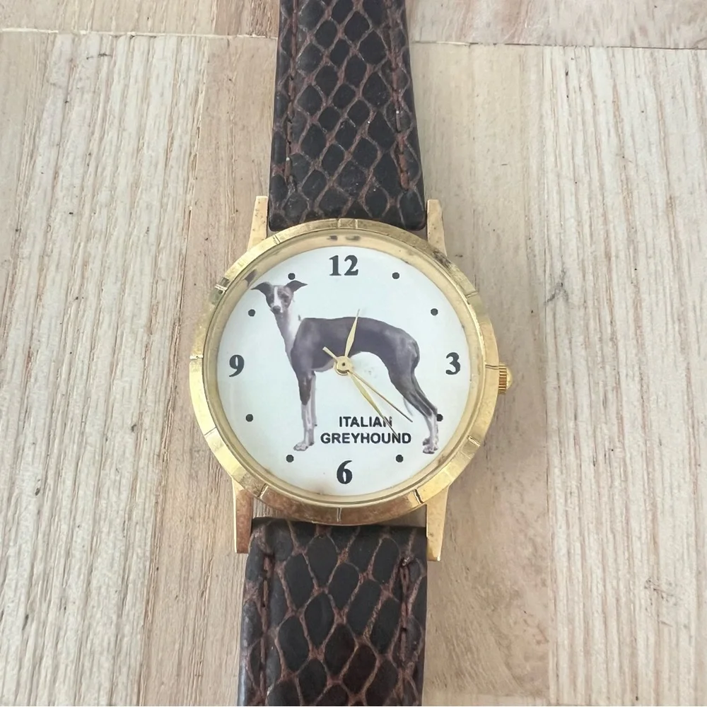 Unbranded Italian greyhound gold tone brown leather dress watch NEW BATTERY